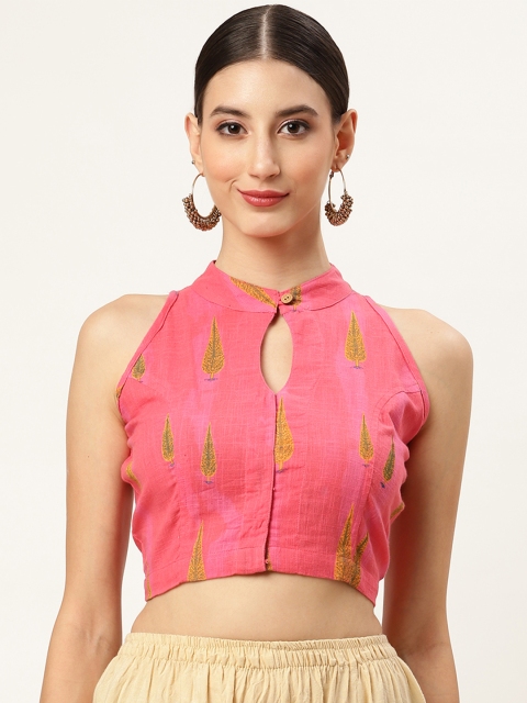 

Molcha Pink & Mustard Yellow Ethnic Motif Printed Padded Saree Blouse