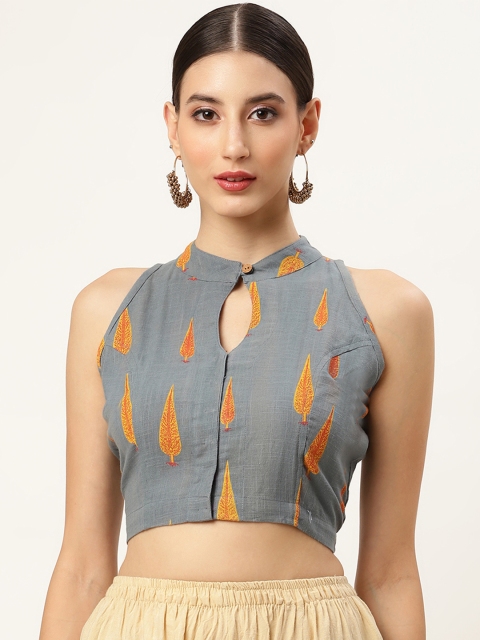 

Molcha Women Grey and Orange Printed Cotton Saree Blouse