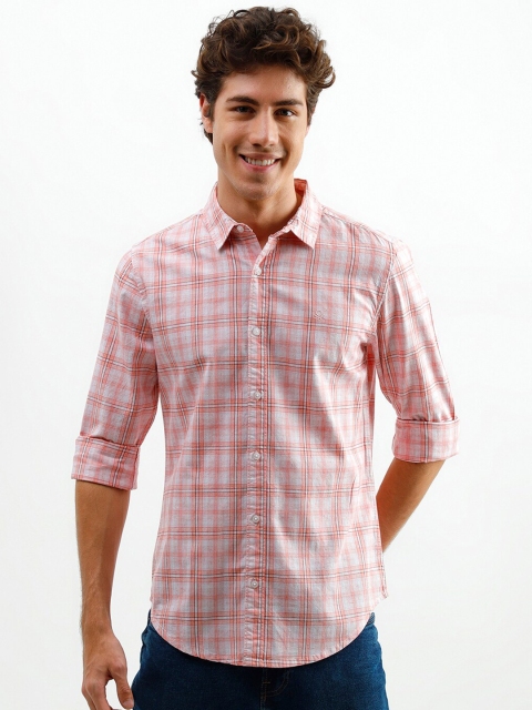 United Colors of Benetton Men Pink Checked Cotton Casual Shirt