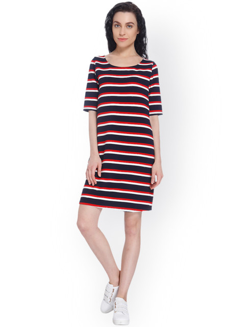 

Vero Moda Women Navy & Red Striped A-Line Dress, Navy blue
