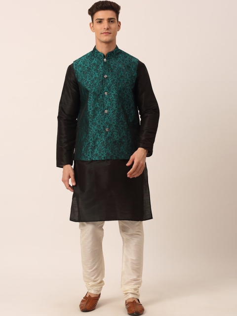 

Jompers Men Solid Black Woven Design Kurta & Churidar with Nehru Jacket, Green