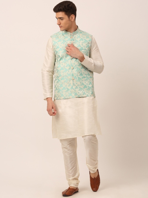 

Jompers Men Turquoise Blue Kurta with Pyjamas and Floral Embroidered Nehru Jacket