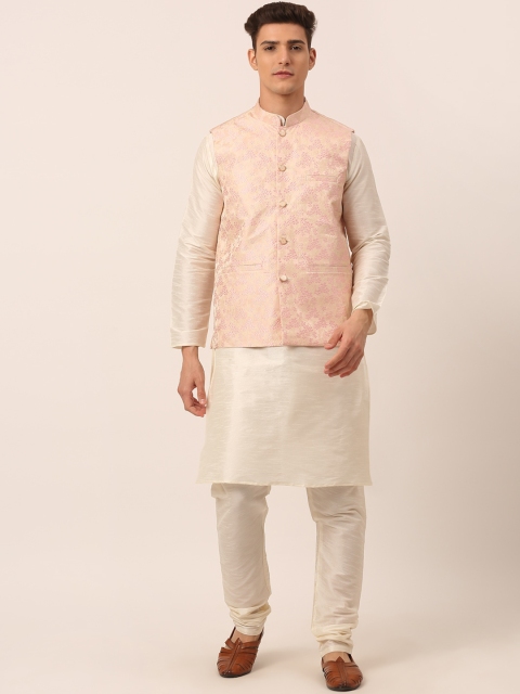 

Jompers Men Solid Kurta Pyjamas With Pink Floral Nehru Jacket