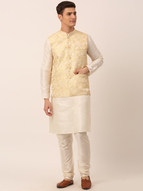 

Jompers Men Gold-Toned Floral Kurta Pyjamas With Nehru Jacket