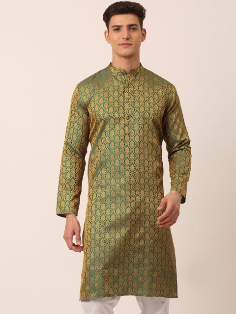 

Jompers Men Green Ethnic Motifs Thread Work Jacquard Kurta