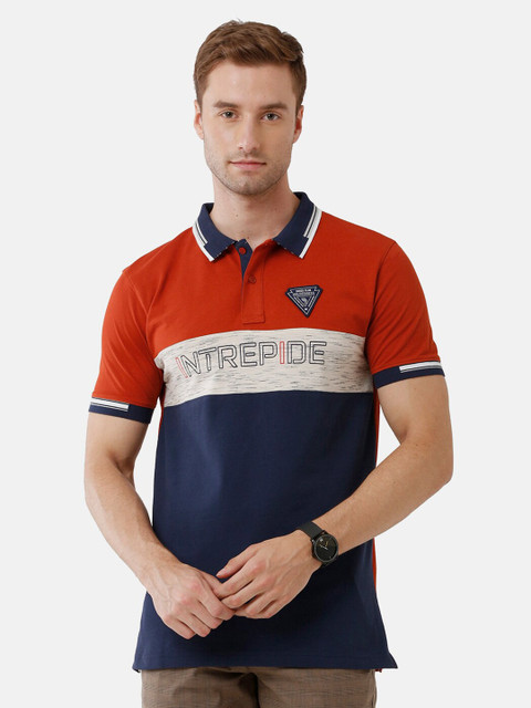 

Swiss Club Men Red & Navy Blue Colourblocked Polo Collar Cotton Slim Fit T-shirt
