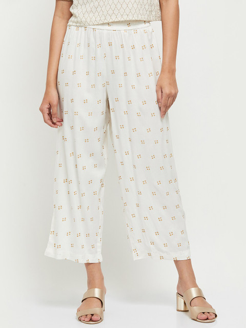 

max Women Off White & Gold-Toned Floral Printed Knitted Palazzos