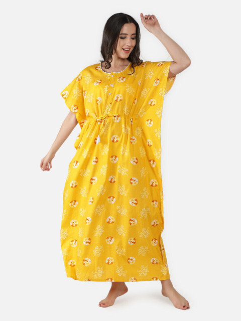

LacyLook Yellow Printed Pure Cotton Maxi Kaftan Nightdress