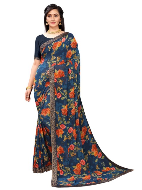 

Lyriss Orange & Navy Blue Floral Banarasi Saree