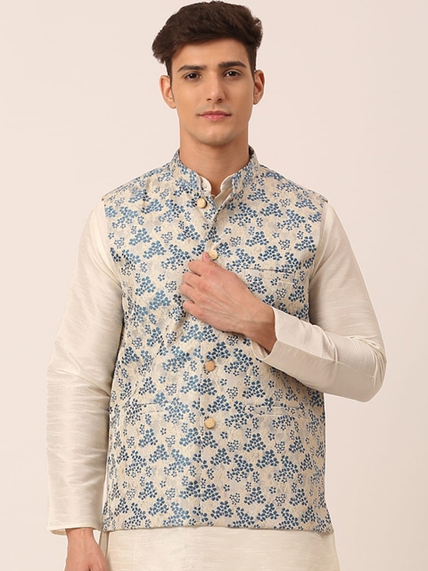 

Jompers Men Blue & Beige Floral Woven Design Nehru Jacket