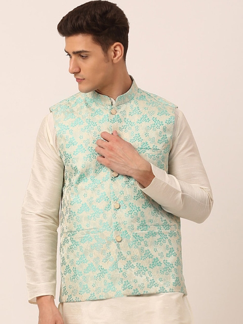 

Jompers Men Turquoise Blue & Beige Woven-Design Nehru Jacket