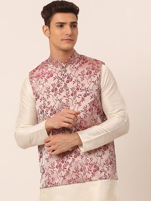 

Jompers Men Maroon Floral Woven Design Nehru Jacket.