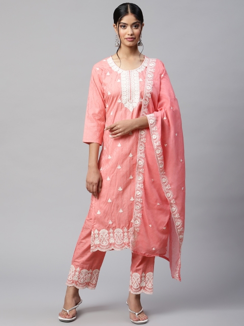 

Readiprint Fashions Women Pink Embroidered Cotton Kurta with Palazzos & Dupatta