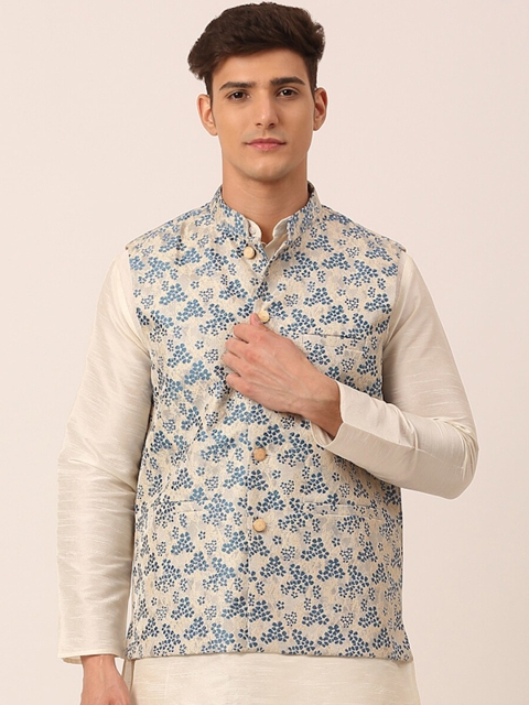 

Jompers Men Beige & Blue Floral Printed Ethnic Nehru Jacket