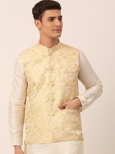 

Jompers Men Gold Toned Woven Design Nehru Jacket