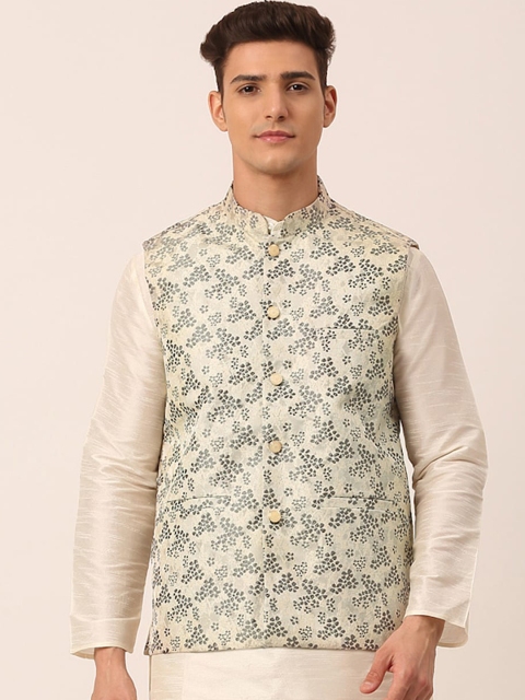 

Jompers Men Grey & Beige Floral Embossed Waistcoat