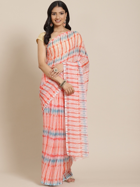 

LABEL AARNA Coral Orange & Blue Printed Saree