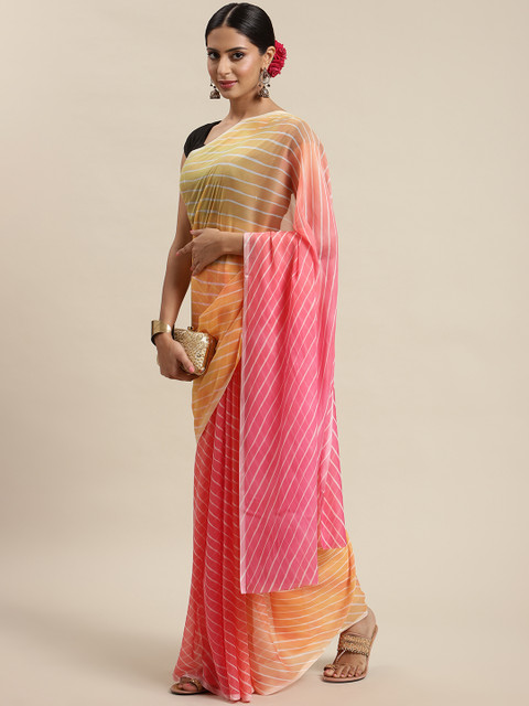 

LABEL AARNA Yellow & Pink Leheriya Saree