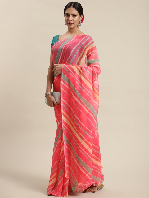 

LABEL AARNA Green & Pink Leheriya Saree