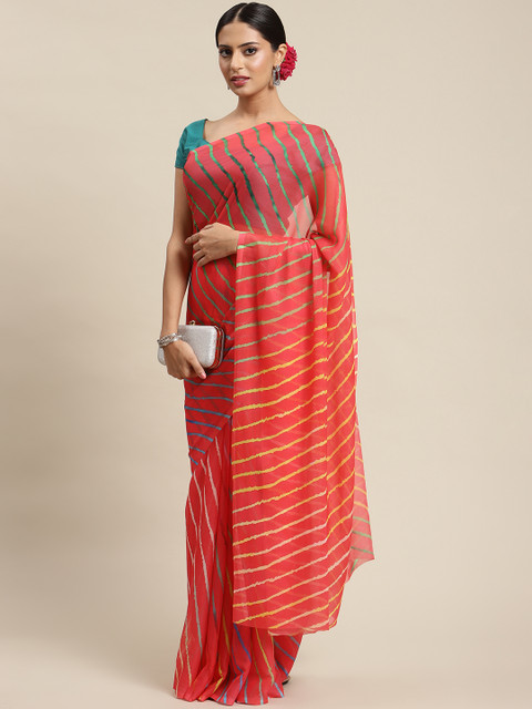 

LABEL AARNA Red & Green Leheriya Saree
