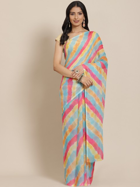 

LABEL AARNA Yellow & Blue Striped Saree