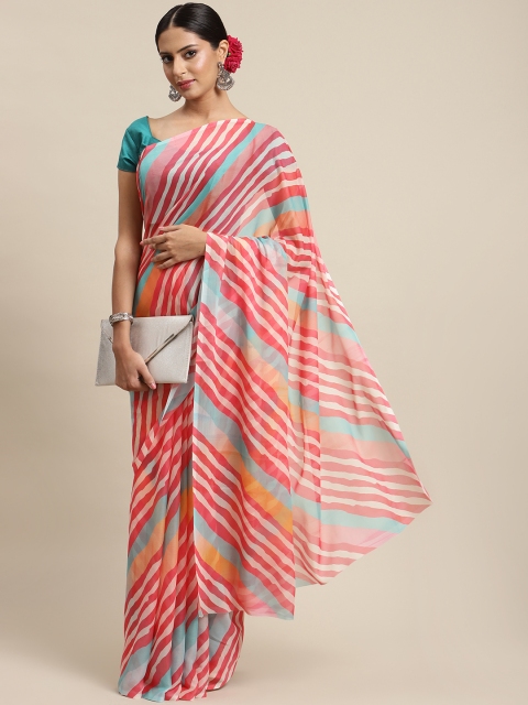 

LABEL AARNA Red & Turquoise Blue Leheriya Saree