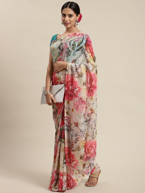 

LABEL AARNA Beige & Pink Floral Saree