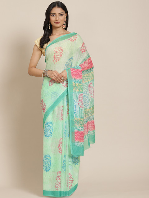 

LABEL AARNA Green & Pink Ethnic Motifs Print Saree