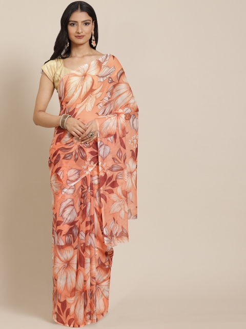 

LABEL AARNA Peach-Coloured & Brown Floral Print Saree