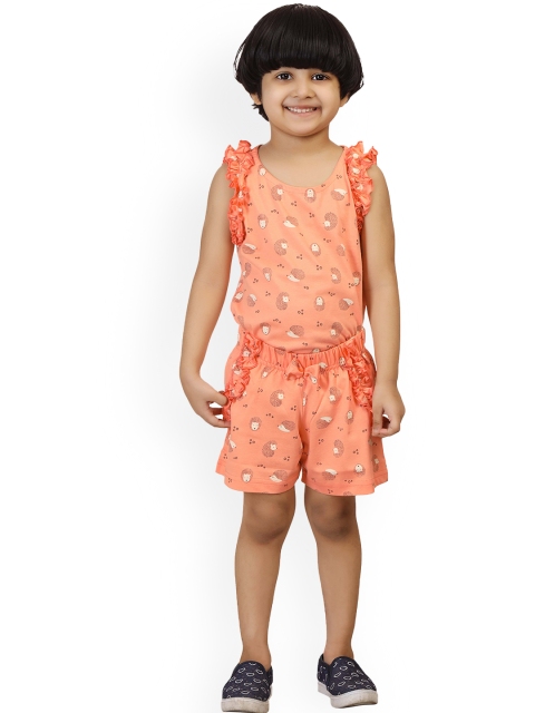 

minnow Girls Peach-Coloured & Off-White Printed Ruffled Pure Cotton Top with Shorts