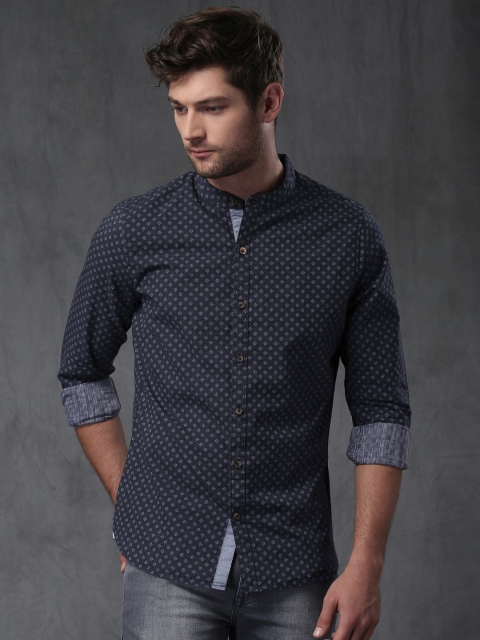 

WROGN Men Navy Printed Slim Fit Casual Shirt, Navy blue
