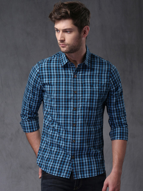 

WROGN Blue & Black Slim Fit Checked Casual Shirt