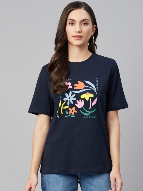 

Marks & Spencer Women Navy Blue & Orange Floral Printed Pure Cotton T-shirt