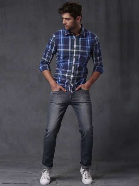 

WROGN Blue Slim Fit Checked Casual Shirt