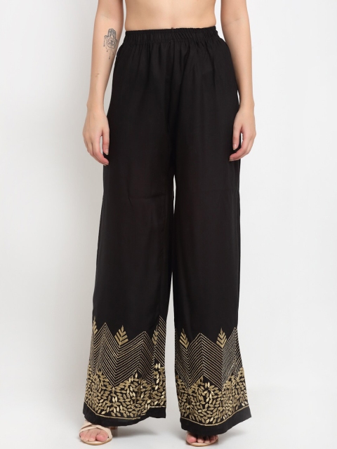 

NEUDIS Women Black & Gold-Toned Floral Embroidered Flared Ethnic Palazzos