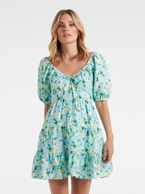 

Forever New Turquoise Blue & White Floral Linen Mini Dress