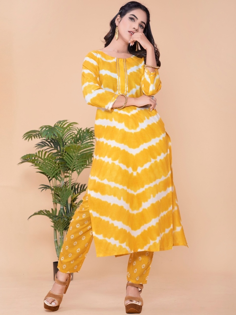 

POONAM DESIGNER Women Yellow Ethnic Motifs Printed Pure Cotton Kurta with Trousers