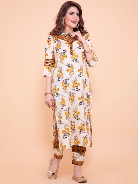 

POONAM DESIGNER Women Beige & Brown Floral Printed Pure Cotton Kurti with Trousers
