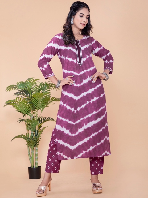 

POONAM DESIGNER Women Purple Printed Pure Cotton Kurti with Trousers