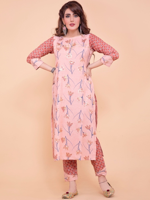 

POONAM DESIGNER Women Multicoloured Floral Pure Cotton Kurti with Trousers, Multi