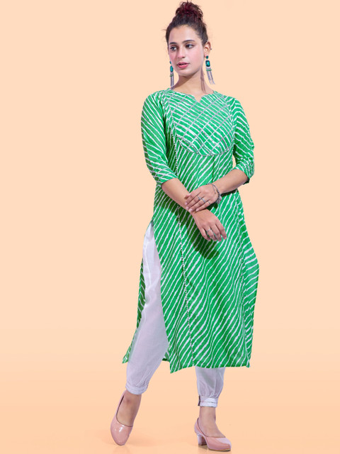 

POONAM DESIGNER Women Green Striped Pure Cotton Kurti with Trousers
