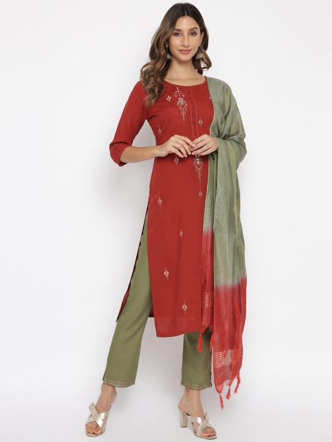 

Anaita Women Maroon Ethnic Motifs Embroidered Pure Cotton Kurta with Trousers & With Dupatta