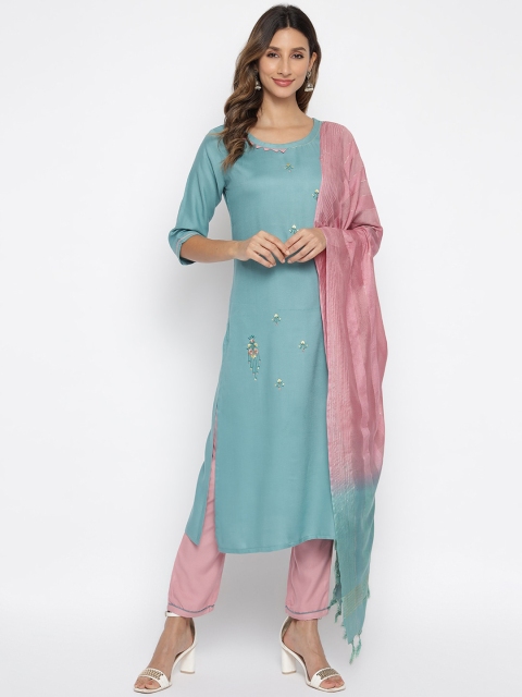 

Anaita Women Blue Embroidered Pure Cotton Kurta with Trousers & With Dupatta