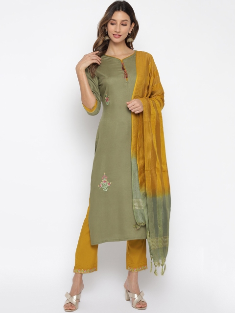 

Anaita Women Green Embroidered Thread Work Pure Cotton Kurta with Trousers & With Dupatta