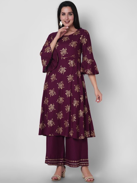 

ORTANGE Women Maroon Floral Printed Gotta Patti Kurta with Palazzos