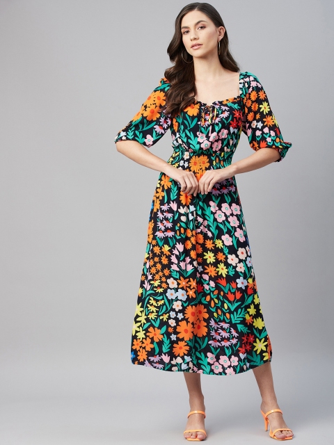 

Marks & Spencer Women Black & Orange Floral Tie-Up Neck A-Line Midi Dress