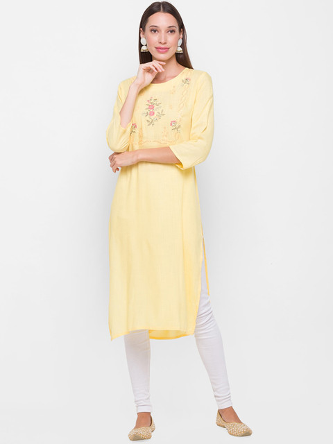 

ZOLA Women Yellow Floral Embroidered Chikankari Pathani Kurta