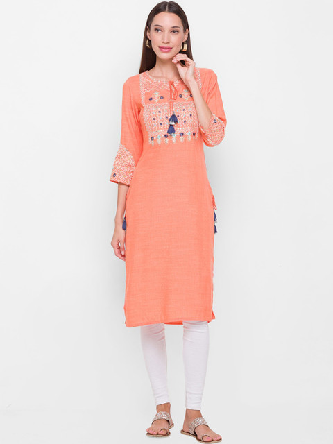 

ZOLA Women Peach-Coloured Floral Embroidered Keyhole Neck Thread Work Kurta
