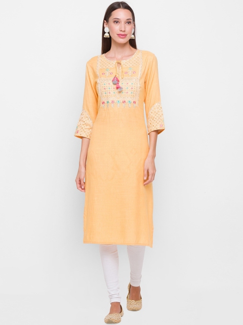 

ZOLA Women Yellow Yoke Design Keyhole Neck Thread Work Kurta