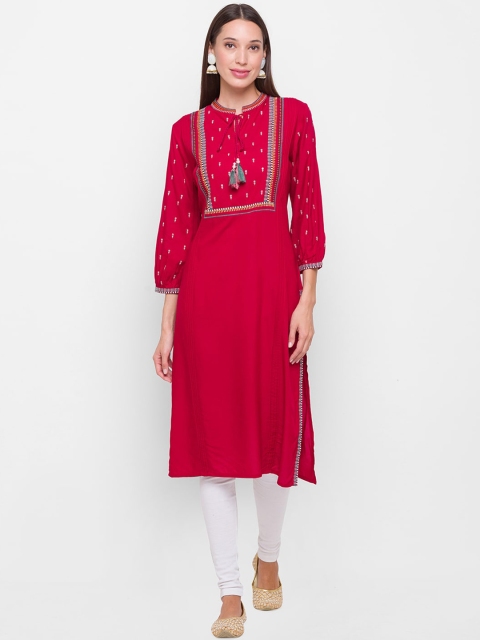 

ZOLA Women Red Yoke Design Rayon Band Collar 3/4th Sleeves Work Ethnic Wear Kurta